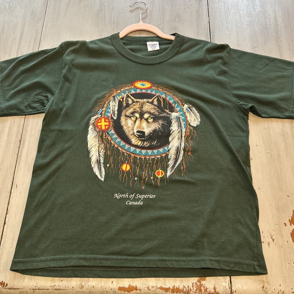 Oceanic Dark Green Wolf Dream Catcher Vtg T Shirt Men M North of Superior Canada